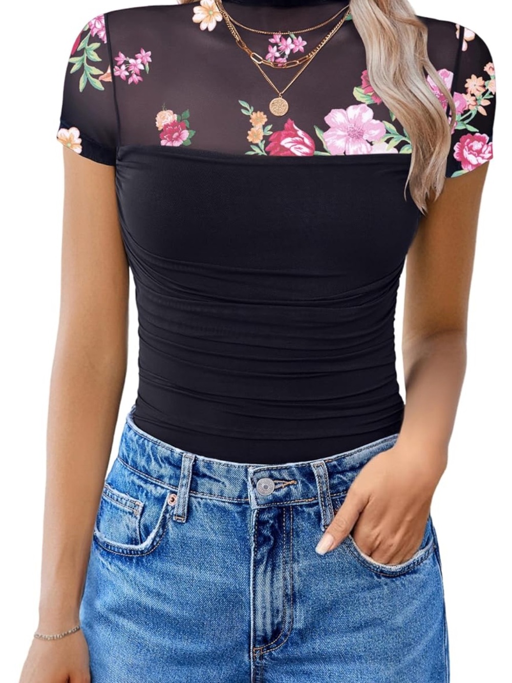 Avidlove Print Flower Body Suits Short Sleeve Bodysuit Turtle Neck L. 2451/bb12